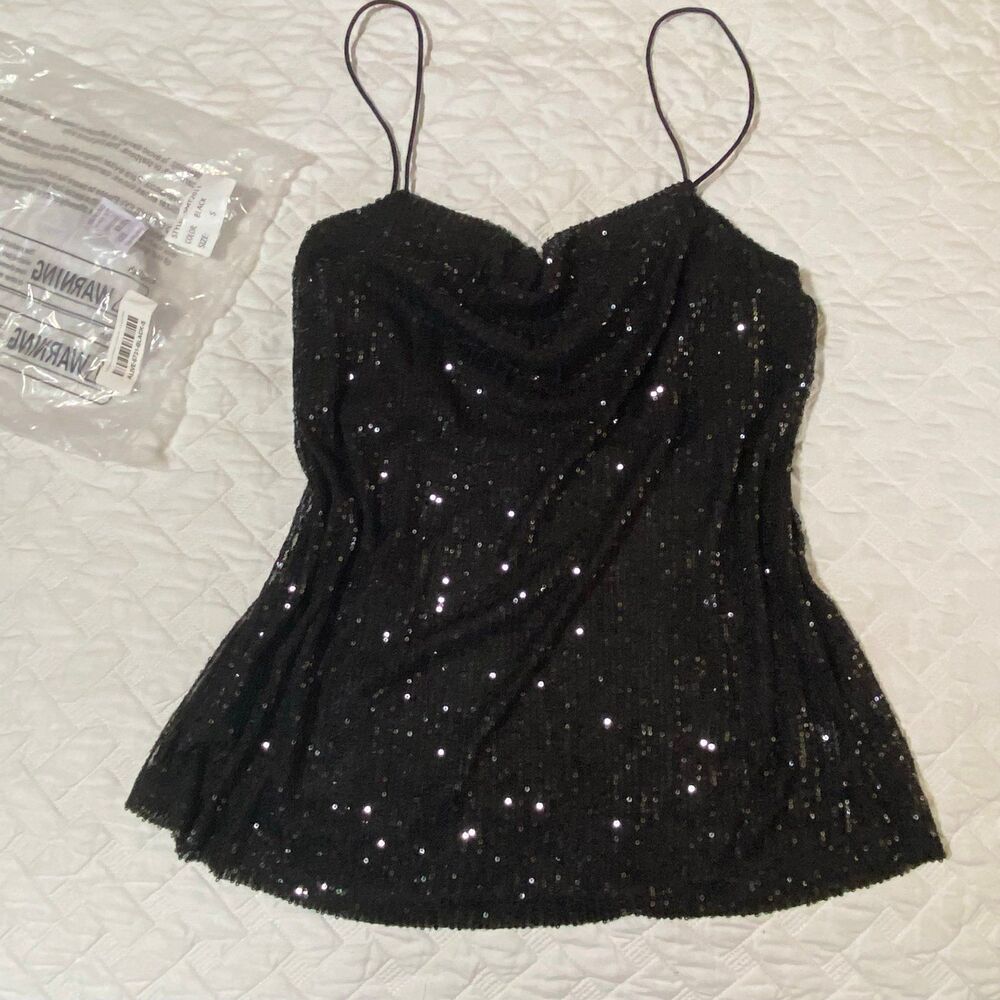 POL tank top POL cami POL camisole sequins black camisole adjustable straps NEW